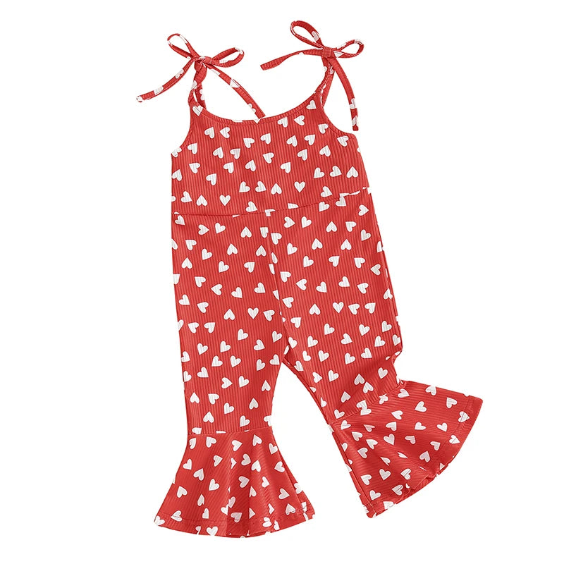 1-5Y Toddler Girls Valentine's Day Jumpsuit Heart Print Sleeveless Tie-Up Spaghetti Straps Bell-Bottoms Romper Overalls Clothes