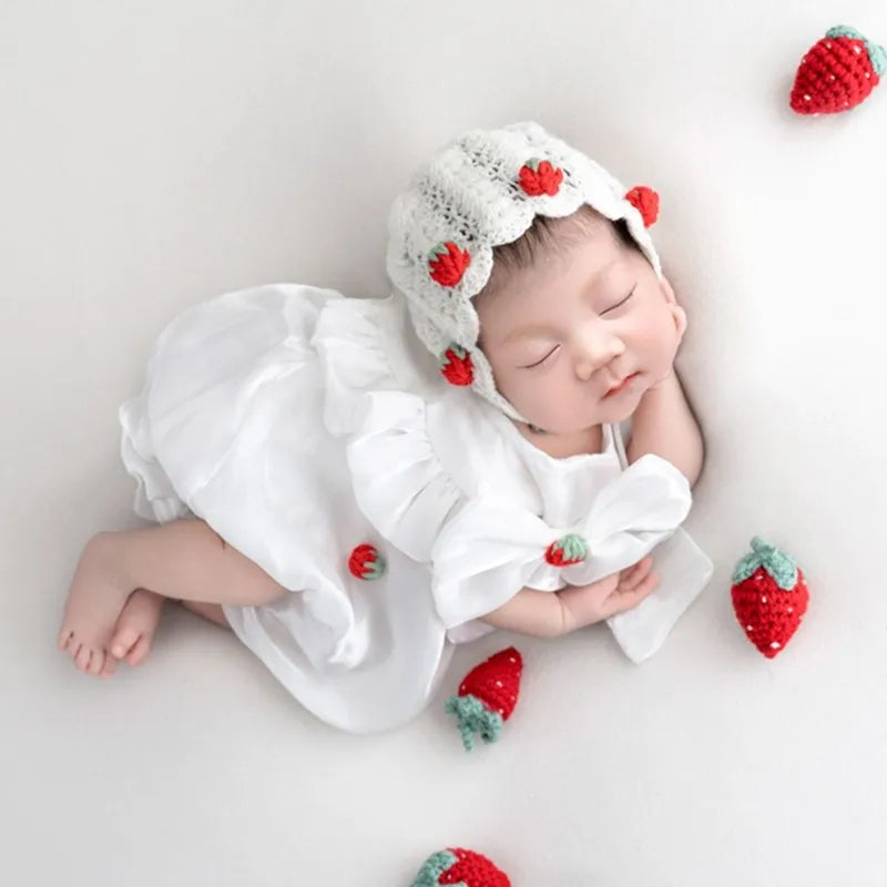 ❤️Baby Girl Photography Clothing Knit Hat+Dress+Strawberry Infant Photo Props Accessories Studio Shoot Clothes Outfits