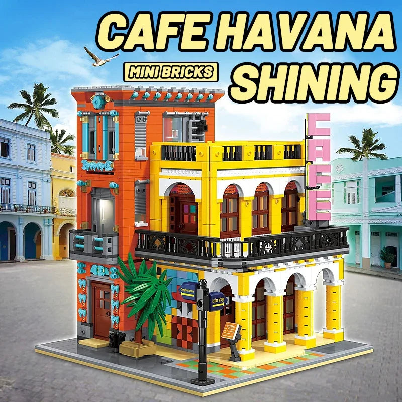 MOC Cafe Havana Shining House Building Blocks Model Street View Modular Desktop Decoration Assembly Kids Toys For Gifts