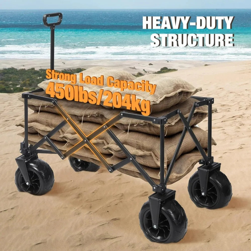 Beach Wagon with Big Wheels for Sand, 9" All Terrain Tires Collapsible Wagon, 450LBS Heavy Duty Beach Cart with Balloon Style W