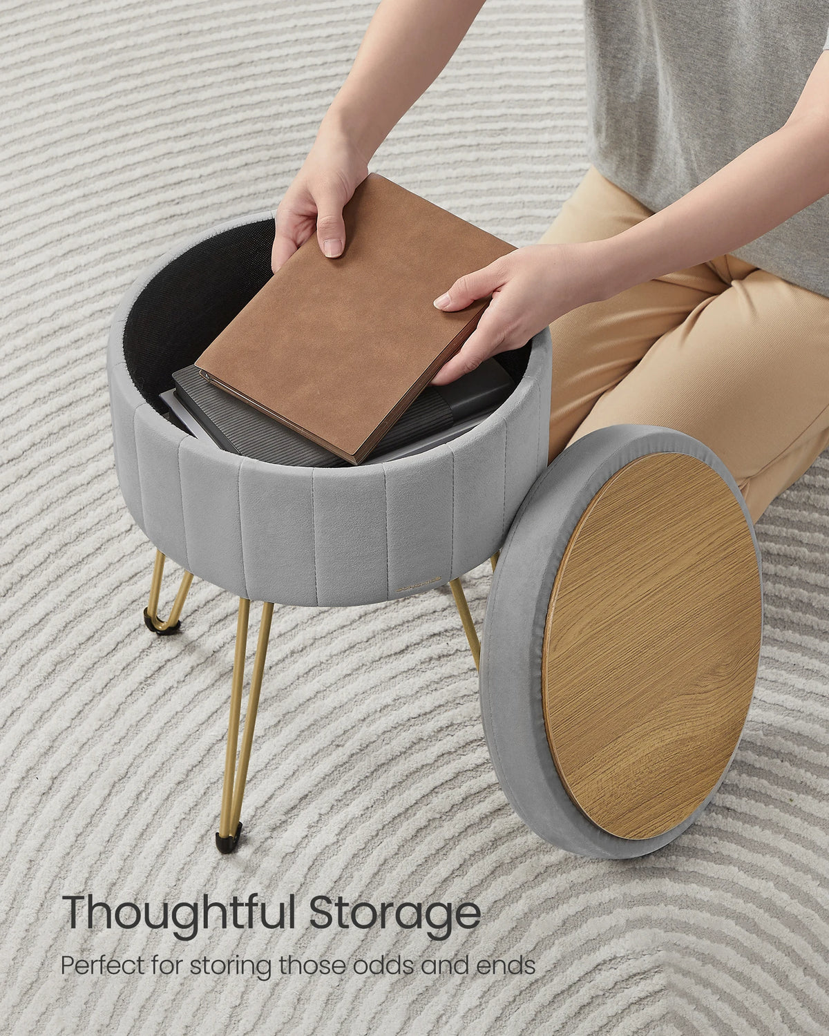 SONGMICS Vanity Stool Chair Velvet Makeup Stool With 4 Metal Legs For Room Living Room Bedroom Small Ottoman Stool With Storage