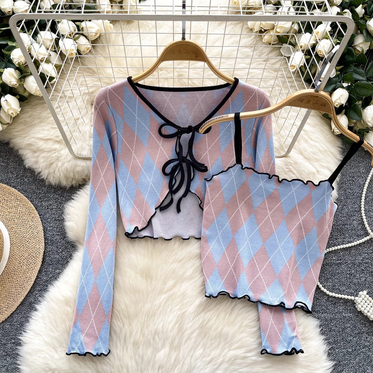 Women Cropped Sweaters 2 Pcs Set Chic Tube Top+Cardigan Coat Streetwear Harajuku Y2k Clothes Autumn knit cardigan crop top