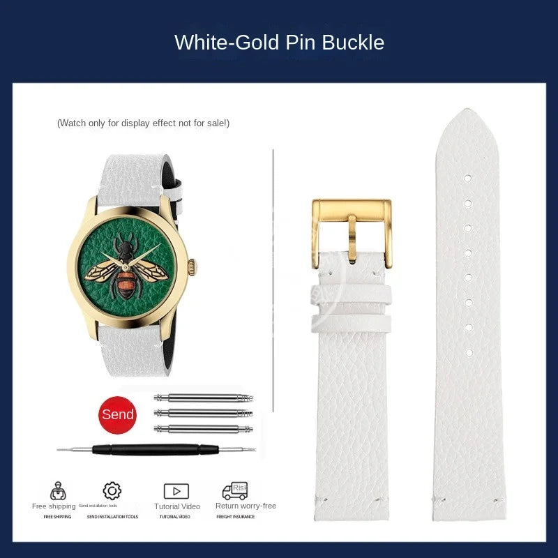 watch band For GUCCI YA1264065 Little Bee Embroidered Gucci Men's and Women's Green Genuine Lea/ther Watch Strap 20mm Bracelet