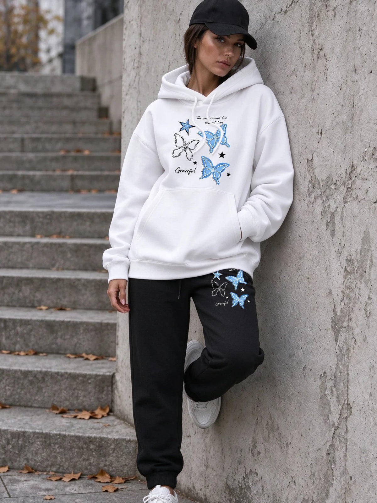 Blue Butterfly Star Printed Womens Pocket Jogging Hoodie Set Street Loose Sweatpants Fleece Casual Clothing Sports Pullover