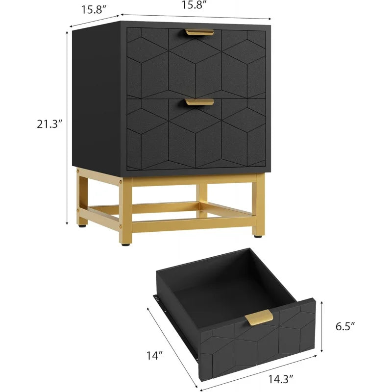Black Nightstand, Modern 2 Drawer Dresser for Bedroom, Large End Side Table Bedside Table with 2 Drawers, Wooden Nigh