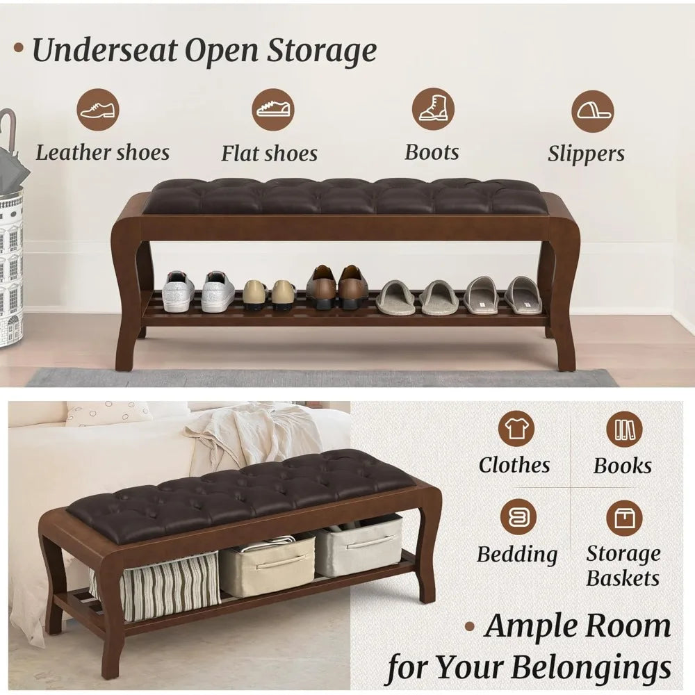 Bedroom Bench, 49" End of Bed Bench with Shelf, Upholstered Entryway Bench with Wooden Legs, Storage Ottoman Bench for Bedroom,