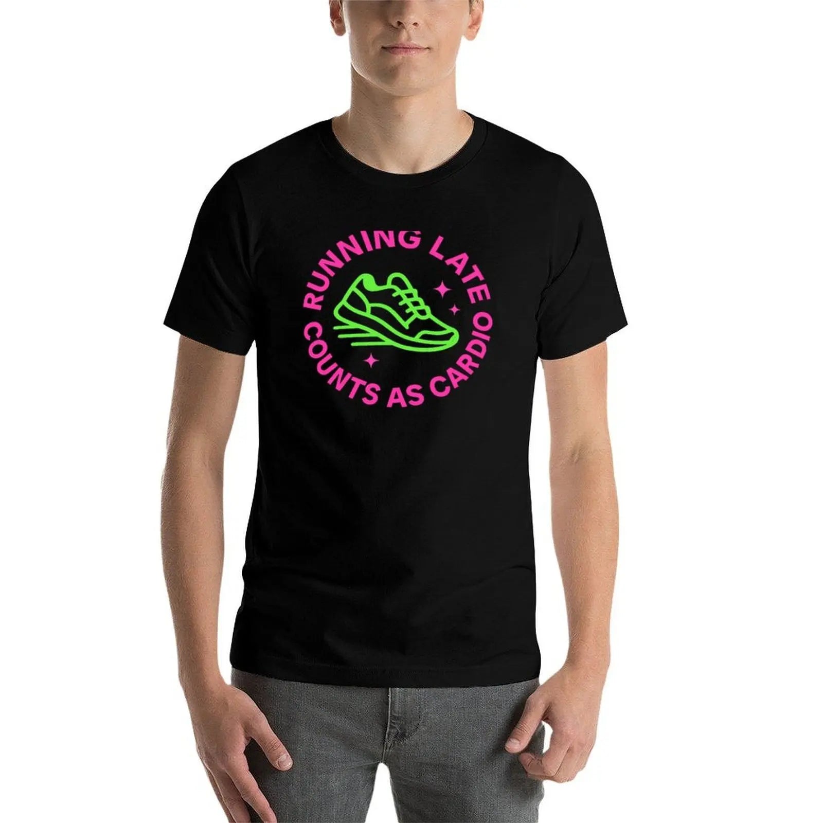 Does Running Late Count as Exercise? – Neon Retro Running Shoe Circular Design Tee & Merch T-Shirt clothes mens vintage t shirts
