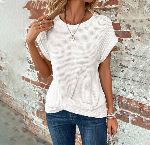 Short-sleeved Waffle T-shirt Summer New Solid Color Crew Neck Top For