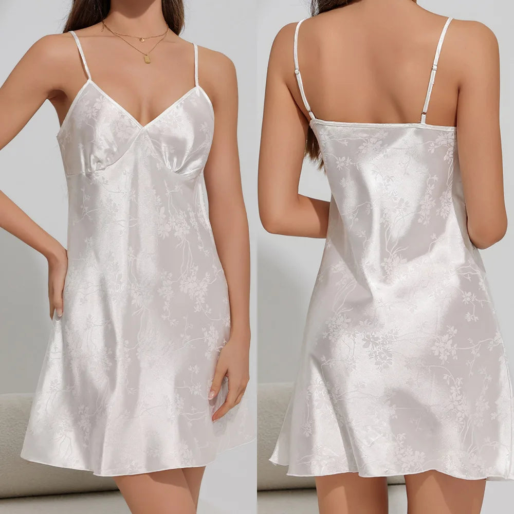 Sexy Suspender Nightgown Women's Chemise Sleepwear Lingerie White Ice Silk Jacquard Nightdress Summer New Home Dress Loungewear