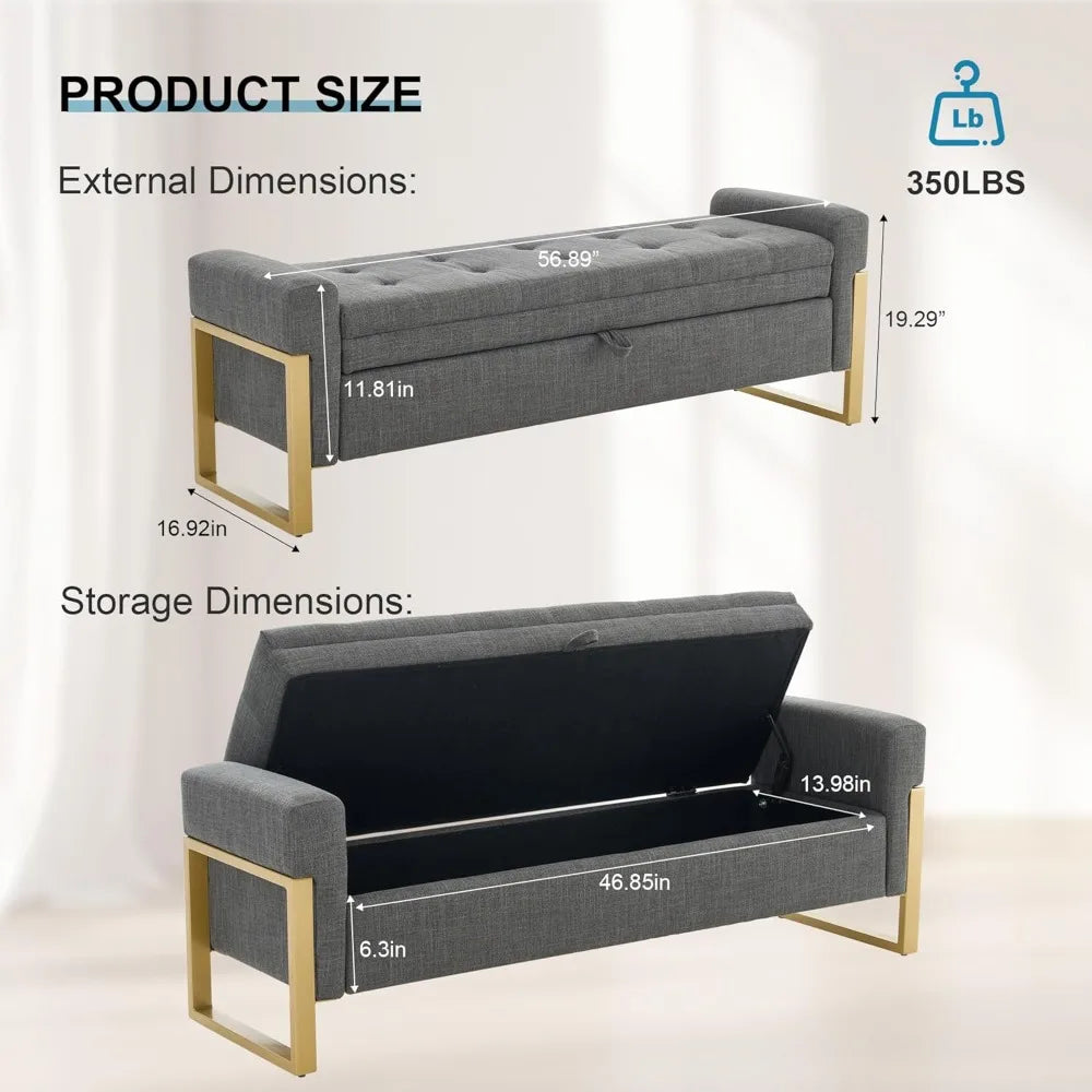 Storage Ottoman Bench, Upholstered PU Leather End of Bed Bench with Tufted Button&Gold Metal Legs for Bedroom