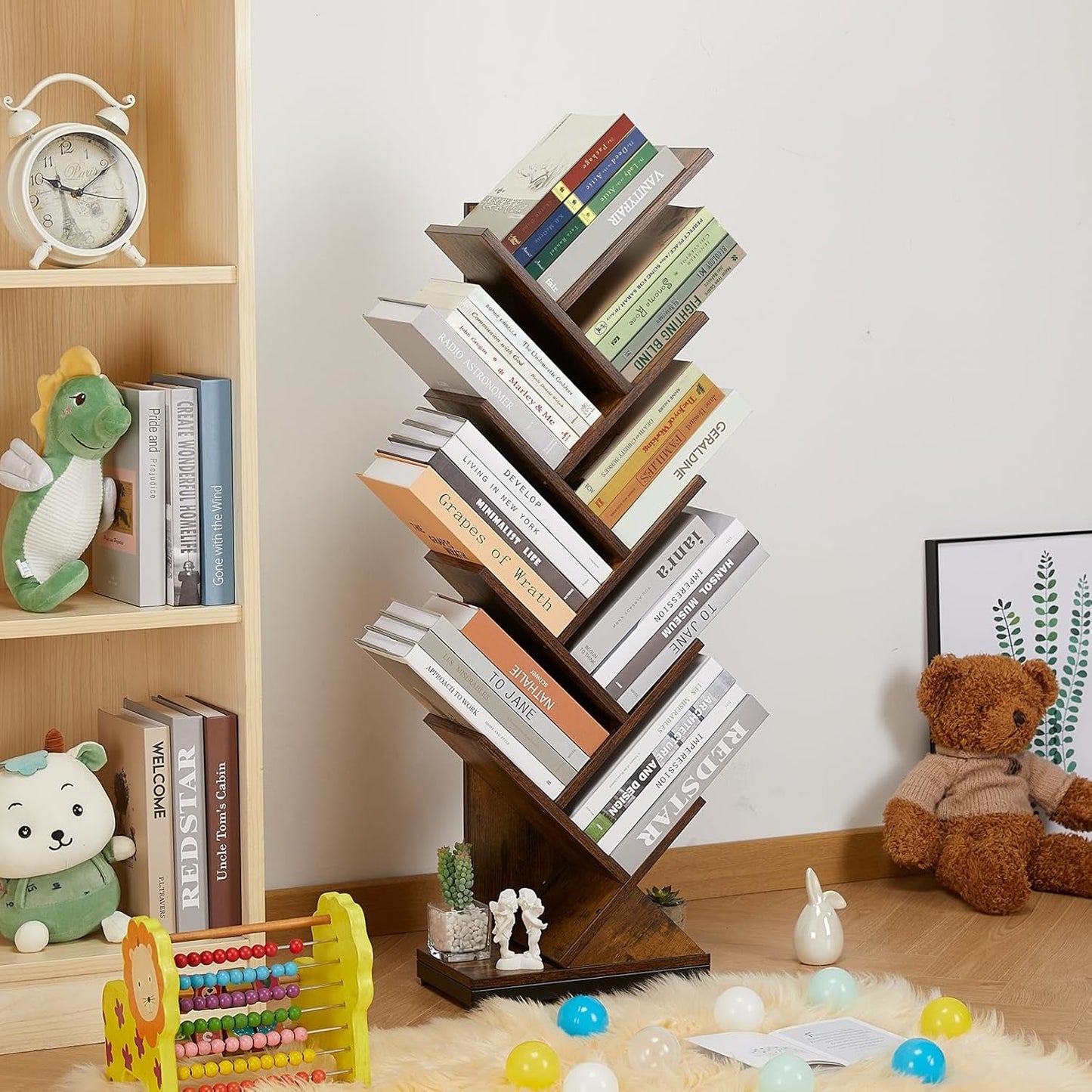 8 Tier Tree Bookshelf Floor Standing Bookcase For Books CDs Rustic