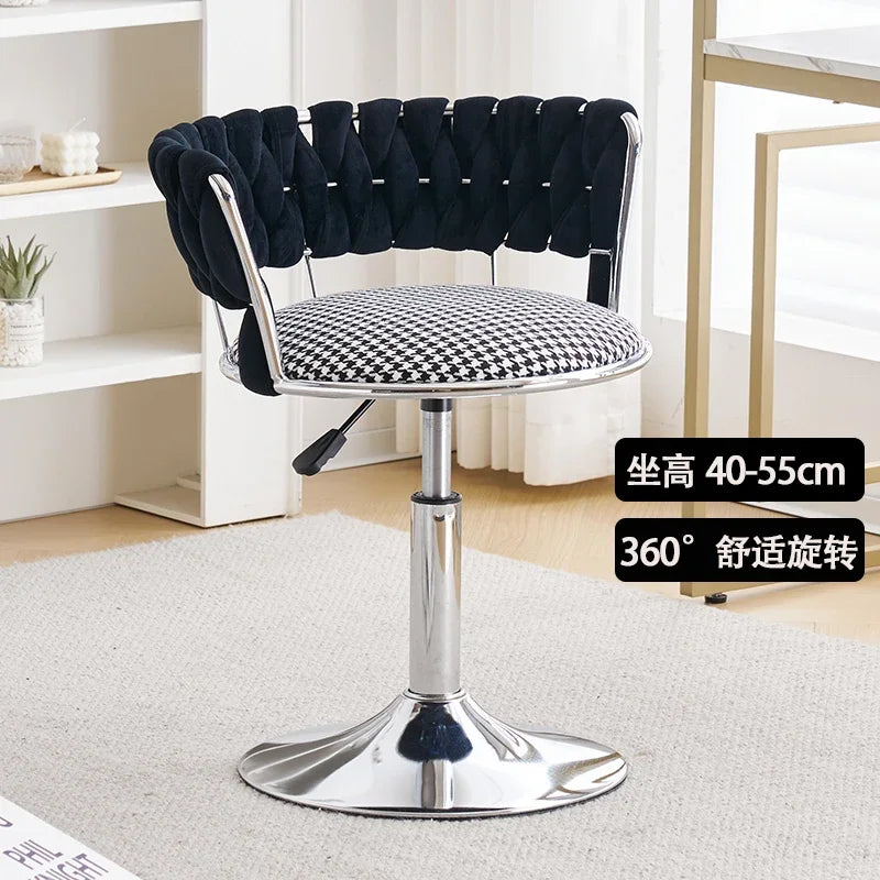 Nordic Makeup Chair With Woven Backrest, Houndstooth Pattern Seat For Bedroom,