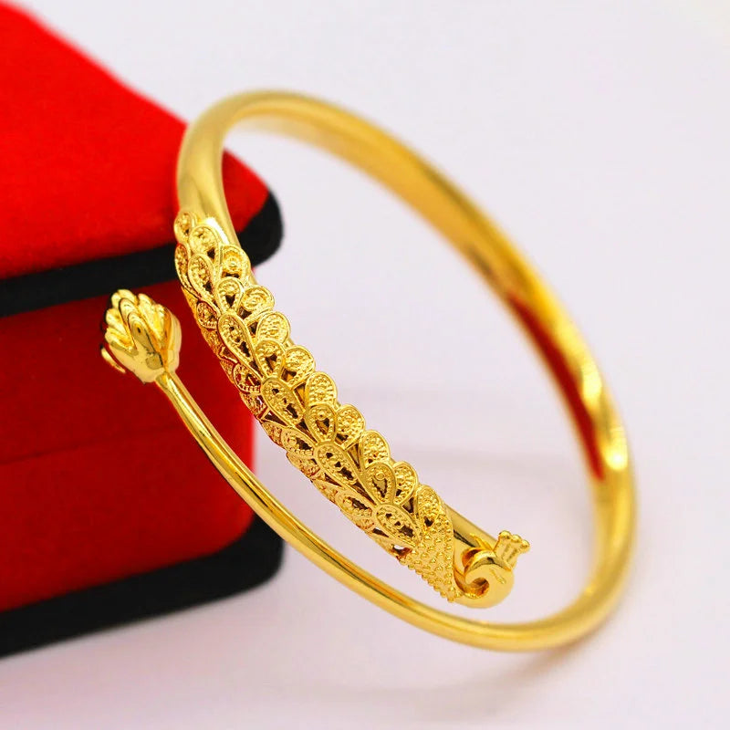 New Style Imitation Gold Bracelet Female Elegant Golden Bride Wedding Decoration Personalized Embossed Peacock Lotus Bracelet