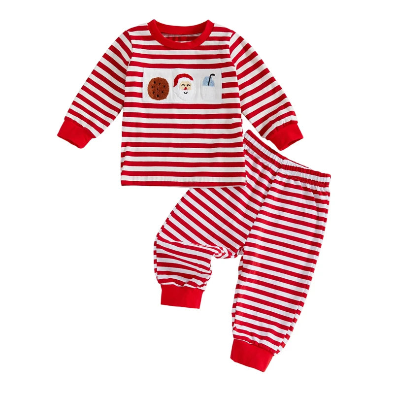 Baby Girl Boy Christmas 2pcs Outfit Striped Santa Embroidered Sweatshirt Pants Set Toddler Clothes