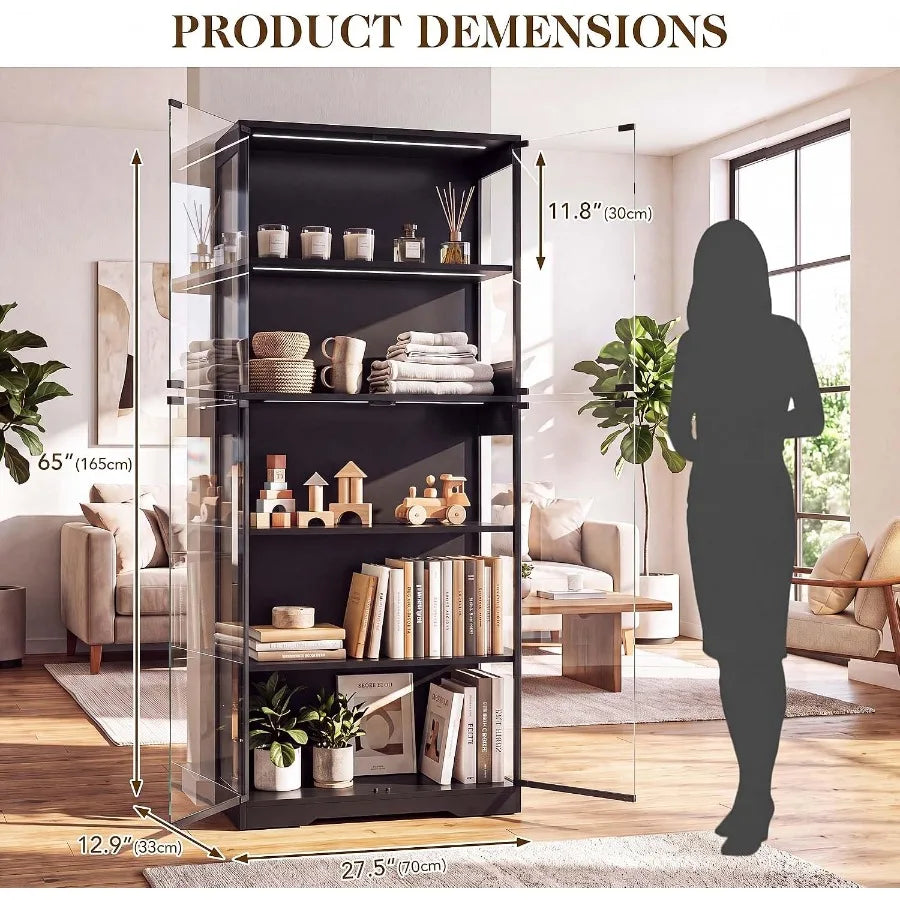 65 Display Cabinet for Living Room, Tempered Glass Doors LED Lights, Black Finish, Space-Saving Design