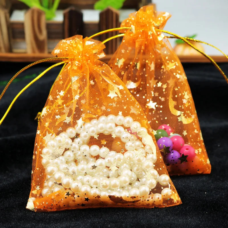 50pcs/lot 7x9cm Moon Star Organza Bags Adjustable Drawstring Bag for Wedding Gifts Candy Jewelry Packaging Pouch Wholesale