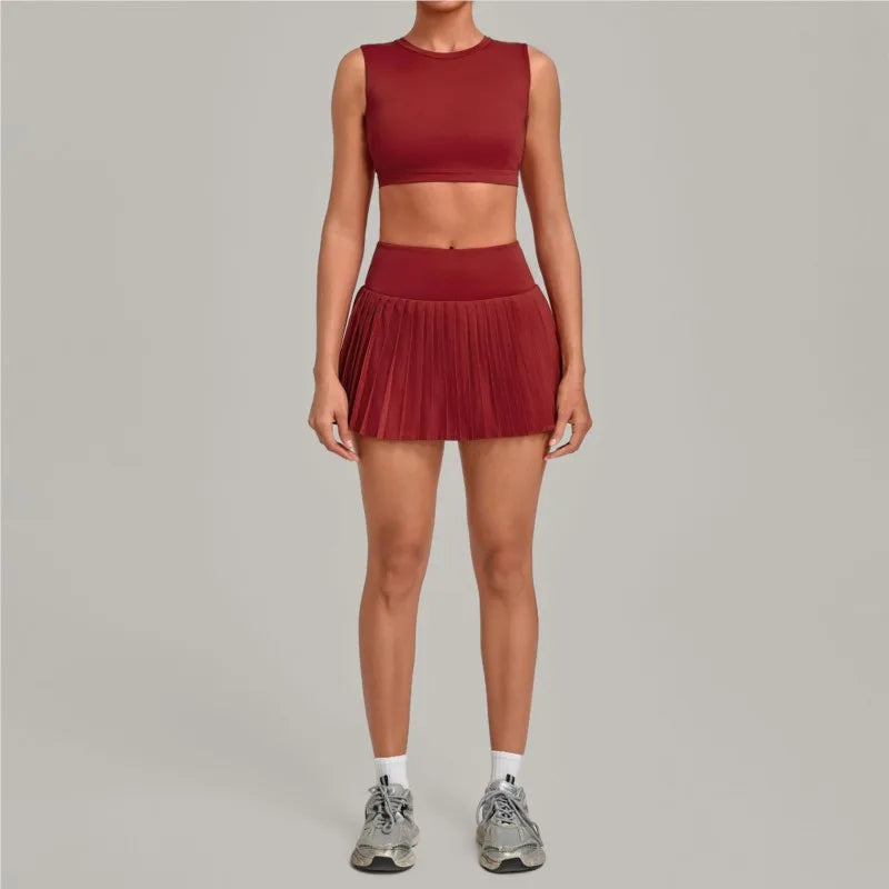 2 Piece Women Quick-Dry Sports Shorts Skirt Set O-Neck Long Sleeve Top Running Fitness Workout Athletic Tracksuit Sportswear