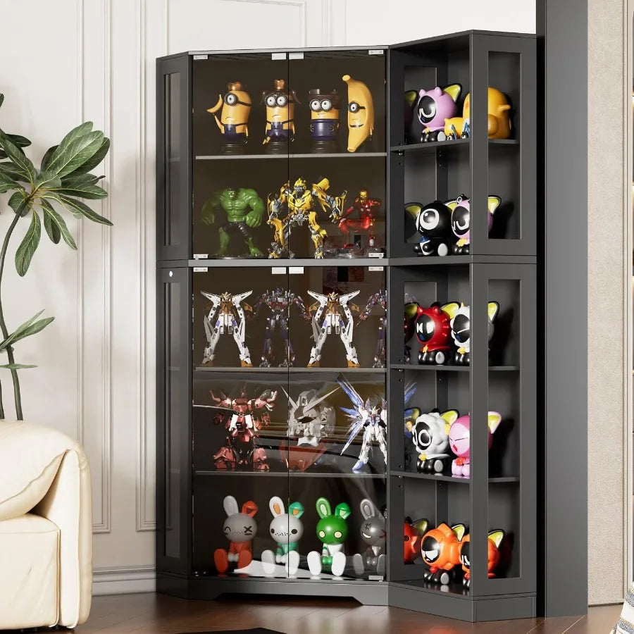 Corner display curio cabinet with glass doors and LED lights for collectibles storage in living room, black tempered glass and