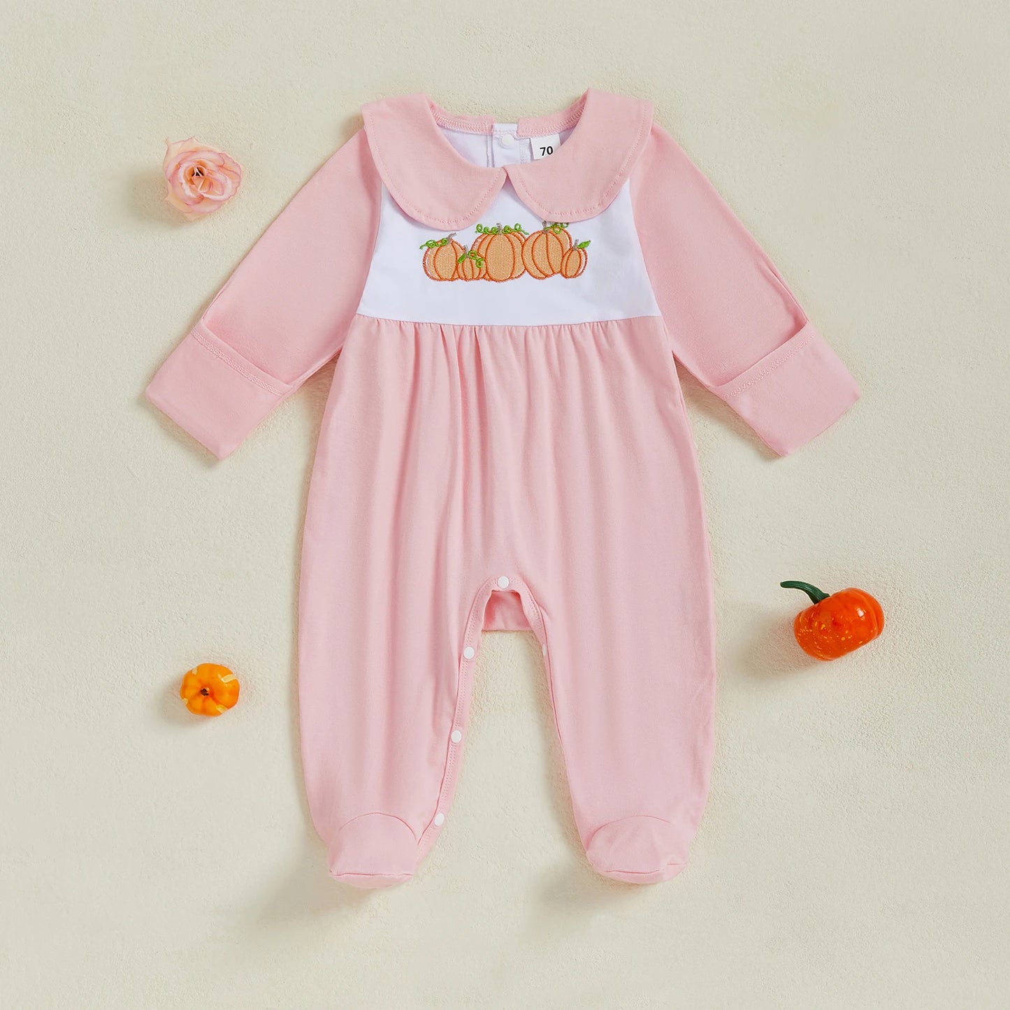 Baby Girl Halloween Romper Pumpkin Embroidered Doll Collar Long Sleeve Footie Pajama Cute Winter Fall Clothes