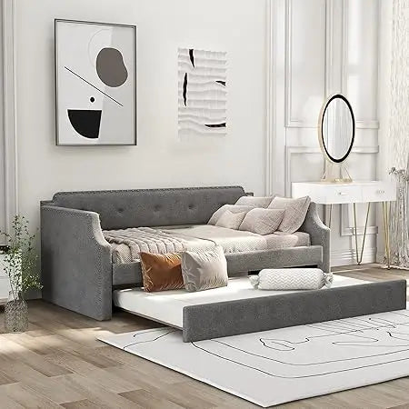LZ LEISURE ZONE Twin Daybed, Twin Size Luxury Tufted Button Daybed, Upholstered Twin Daybed Frame, Sofa Bed for Bedroom Living R
