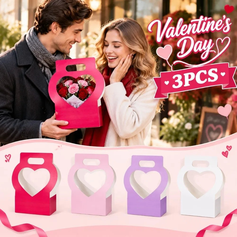 3PCS Heart-Cutout Flower Gift Box Romantic Portable Paper Flower Box With Handle Foldable Floral Wrap Box Birthday Party