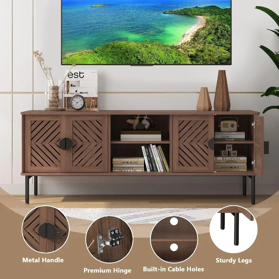 63 TV Stand for Living Room, Engineered Wood Entertainment Center with Storage Shelves, Brown Finish, Modern Style and Sturdy C