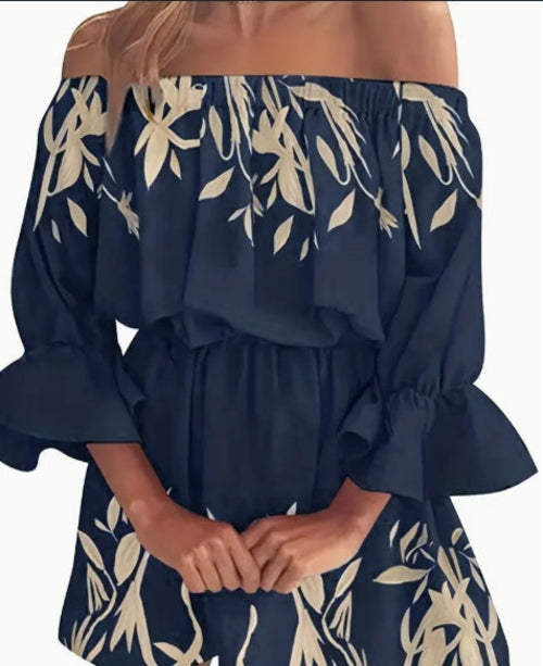 Boho Leaf Graphic Print Off Shoulder Dress, Sexy Backless Ruffle