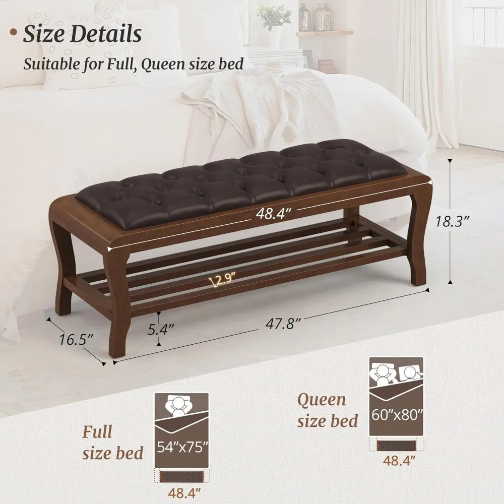 Bedroom Bench, 49" End of Bed Bench with Shelf, Upholstered Entryway Bench with Wooden Legs, Storage Ottoman Bench for Bedroom,