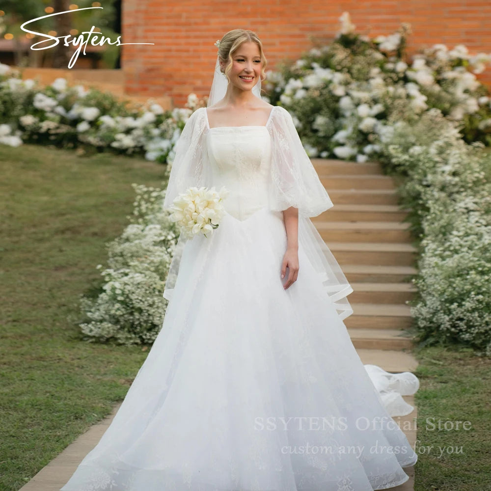 SSYTENS Customized Elegant Square Neck Wedding Dress Half Sleeves Civil Bridal Dresses A Line Lace Bride Gown Vestido De Novia