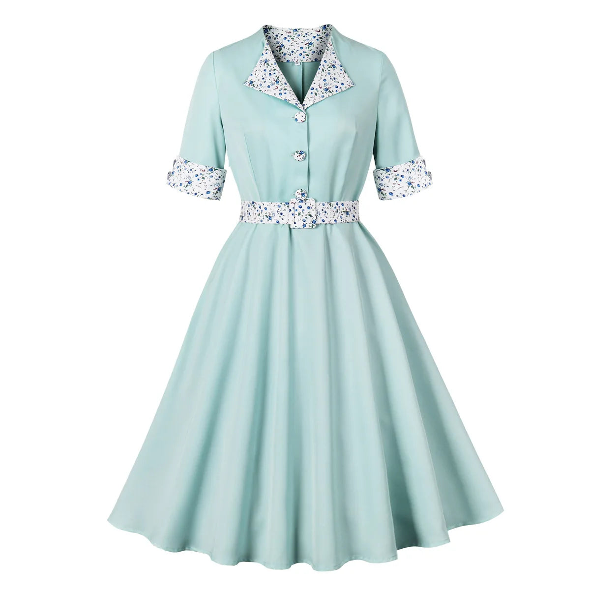 Elegant Fashion American Women Floral Patchwork Short Sleeved Lapel Gentle Afternoon Tea Appointment Belt Casual Commuting Dress