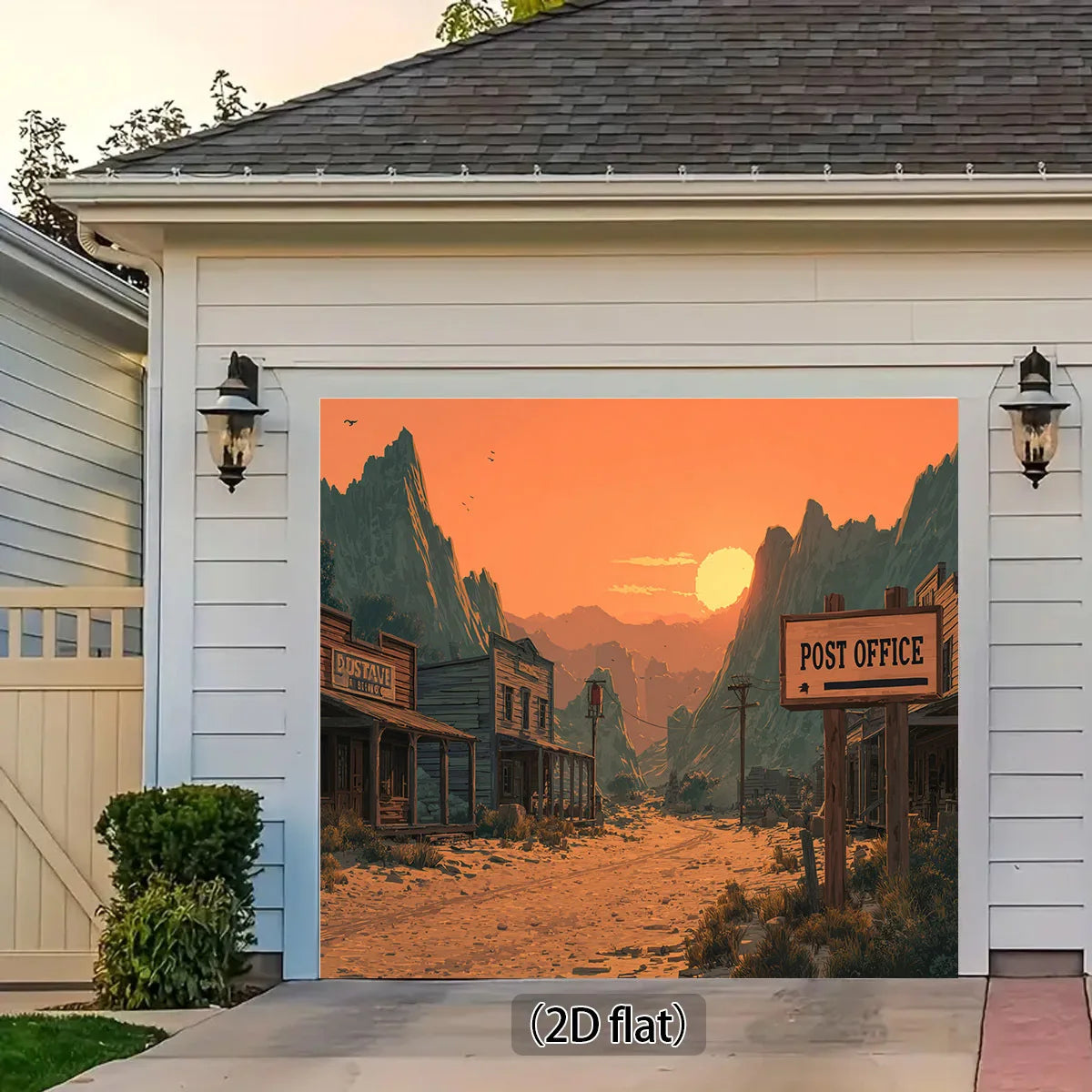 1 Wild West sunset background banner - featuring rugged mountains, post office logo and sunset sky - durable polyester