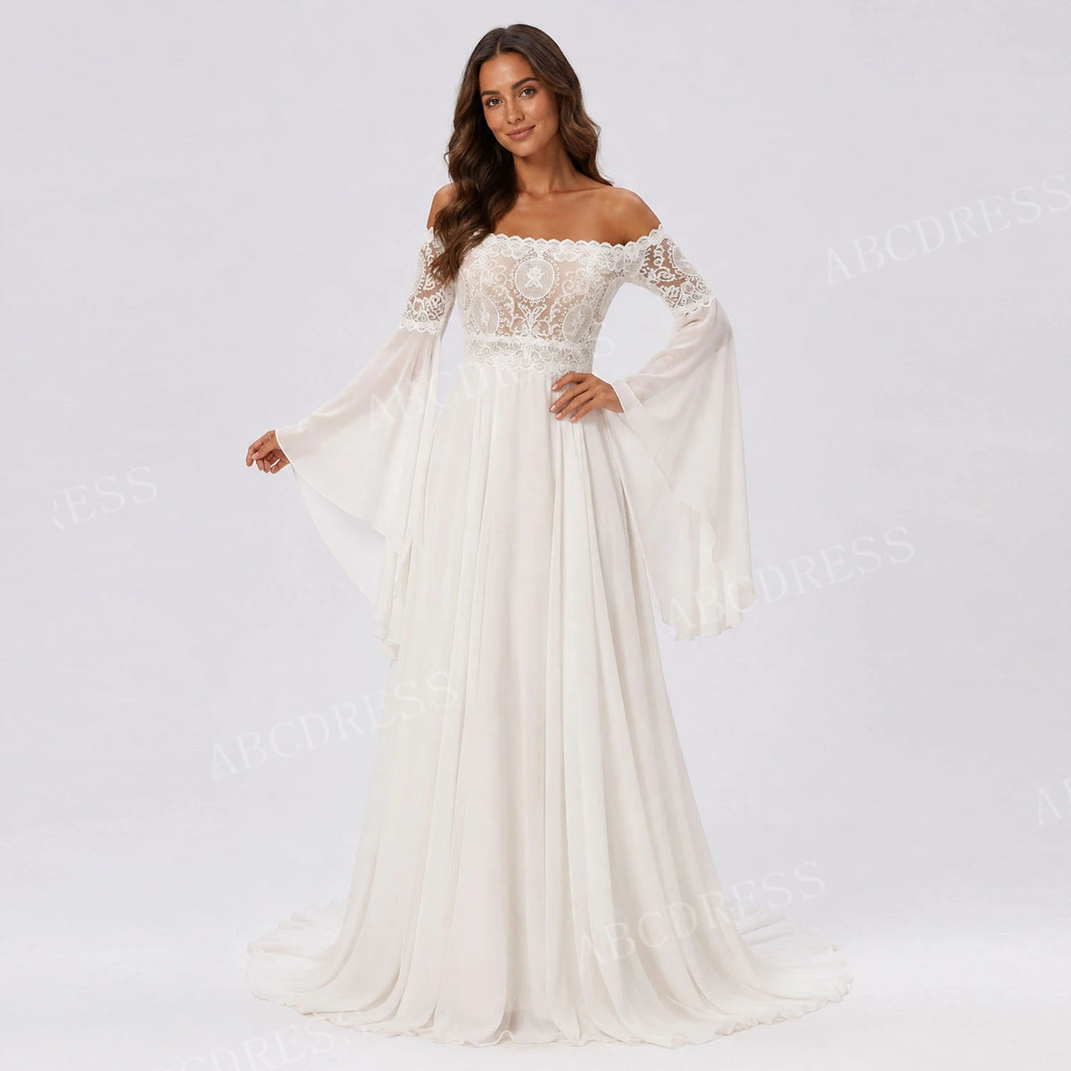 ABCDRESS Customized Elegant Lace Applique Bridal Gown Chiffon A-Line Wedding Dresses Sheer Long Bell Sleeves Lady Dress