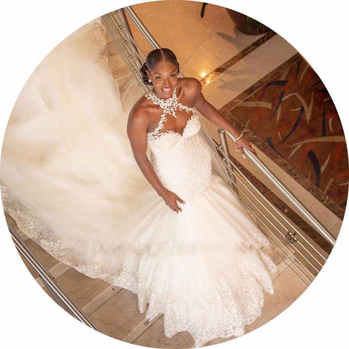 Vintage Lace Beaded Wedding Dresses Sheer Neck Mermaid Bridal Dresses