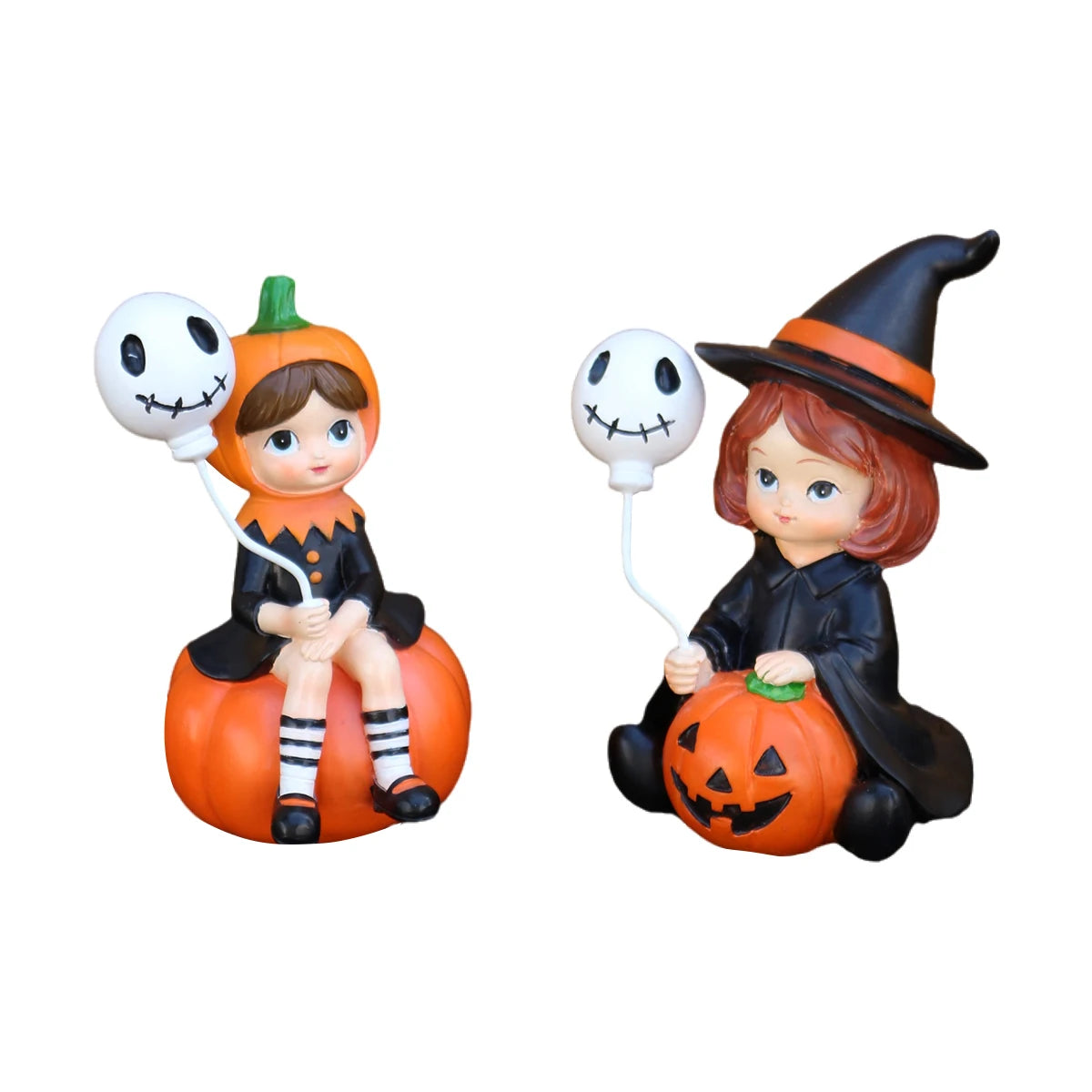 2Pcs Cute Resin Sitting Pumpkin Witch Holding Skeleton Balloon, Halloween Home Desktop Bookcase Halloween Decorations, Outdoor Courtyard Lawn Flower Pot Holiday Atmosphere Decoration