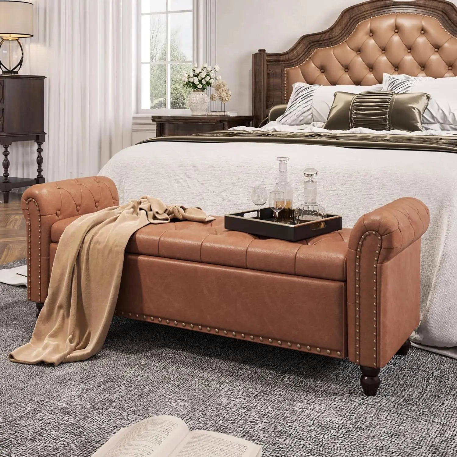 Bedroom Bench, End of Bed Bench with Storage, Bed Benches for Foot of Bed, Faux Leather Window Bench with Rolled