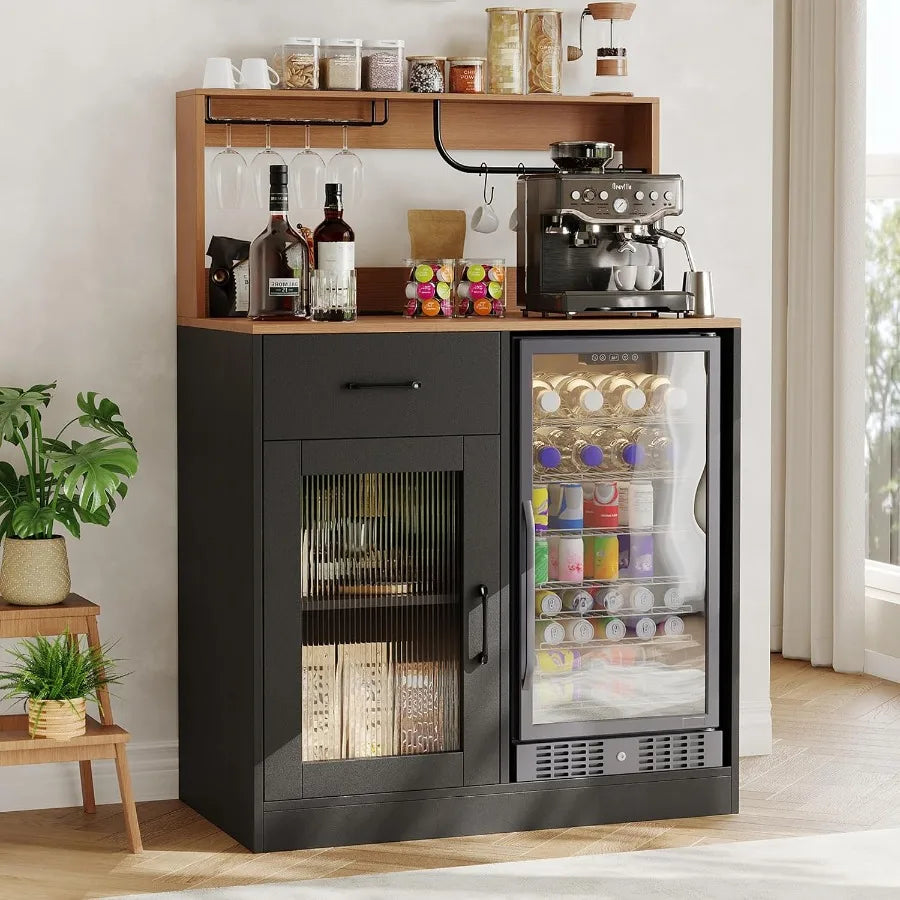 Wine bar cabinet with fridge space and top display hutch for home entertainment, black metal and wood, sleek modern design with