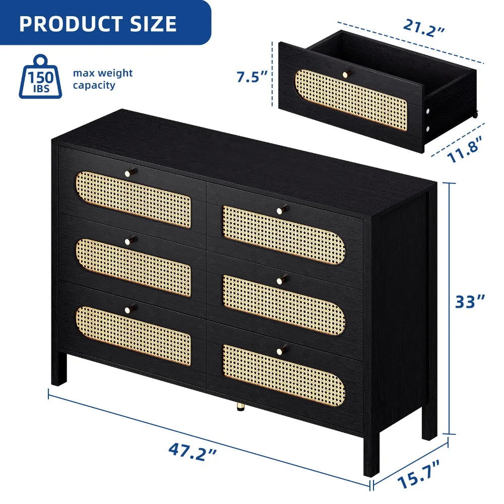6-Drawer Rattan Closet Adjustable Height Storage Cabinet Sideboard Bedroom