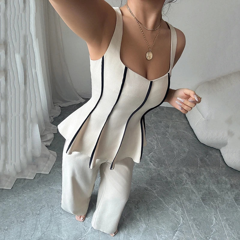 Summer Female Vest Pants Set Solid Sleeveless U Neck Top High Waist Casual Loose Pant Two-piece Set Office Lady Fashion Street