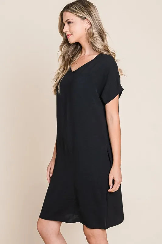 BOMBOM V-Neck Short Sleeve Dress with Pockets
