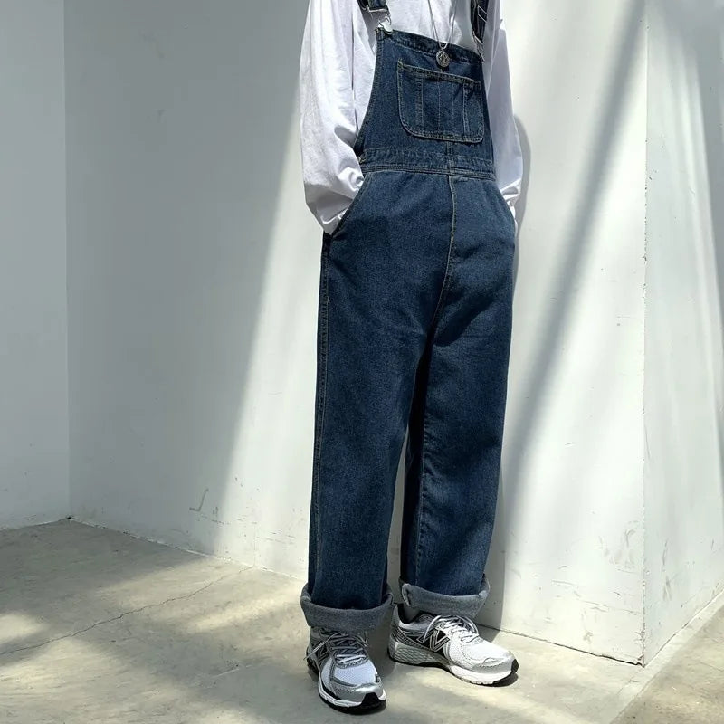 Men Denim Overalls Retro Japanese Style Loose Fit Straight Leg Adjustable Suspenders Casual Streetwear Pants for Everyday Wear