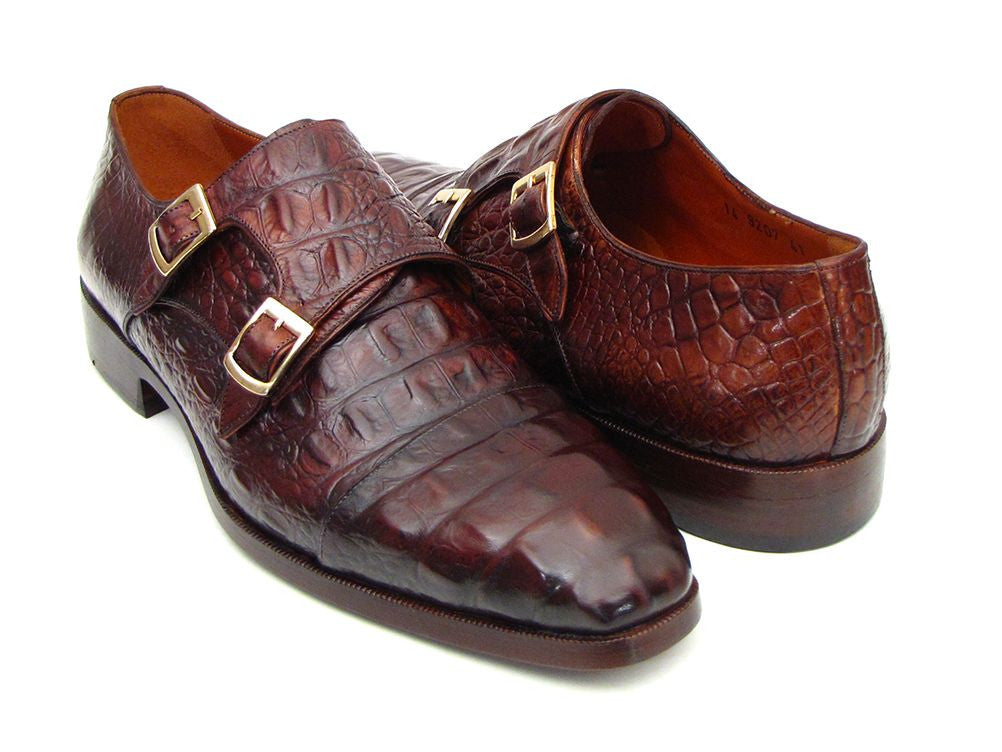 Paul Parkman Men's Double Monkstraps Brown & Bordeaux Crocodile