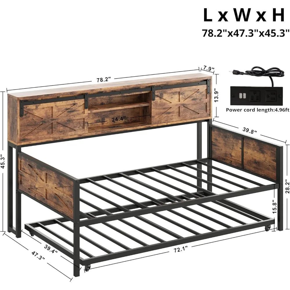 Daybed with Trundle, Rustic Bed Twin with Storage and Charging Station for Living Room, Bedroom and Guest Room