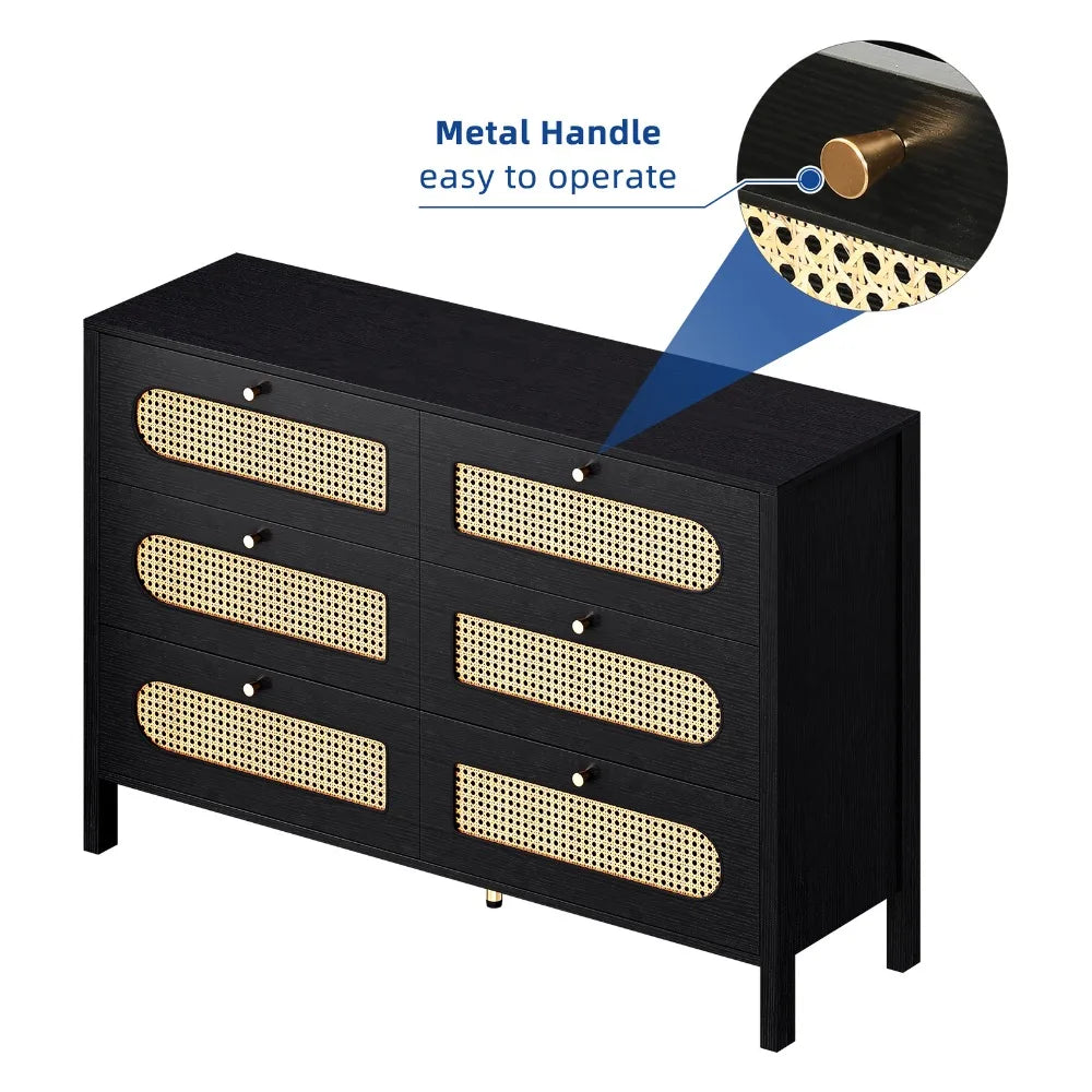 6-Drawer Rattan Closet Adjustable Height Storage Cabinet Sideboard Bedroom