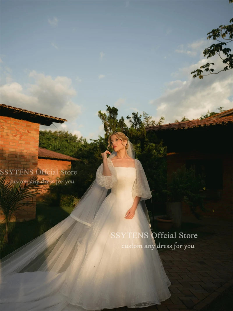 SSYTENS Customized Elegant Square Neck Wedding Dress Half Sleeves Civil Bridal Dresses A Line Lace Bride Gown Vestido De Novia