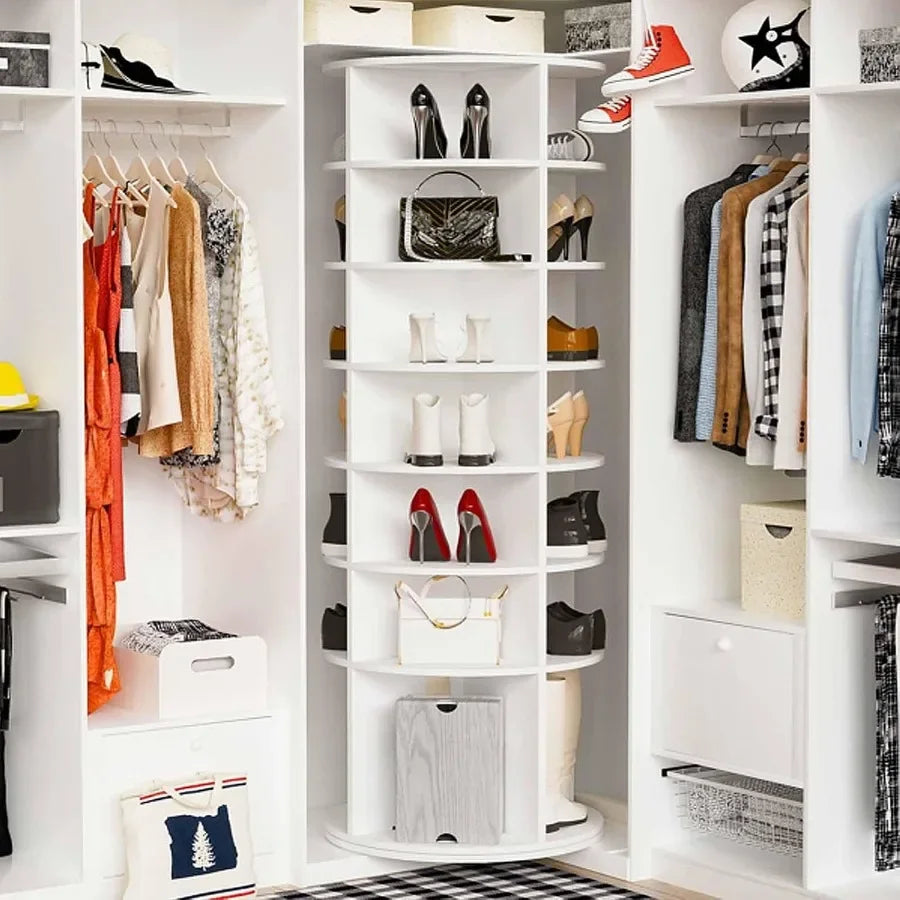Entryway closet storage organizer: white rotating 7-tier shoe rack tower with 360 spin, made of durable plastic, space-saving a