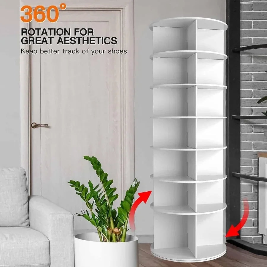 Entryway closet storage organizer: white rotating 7-tier shoe rack tower with 360 spin, made of durable plastic, space-saving a
