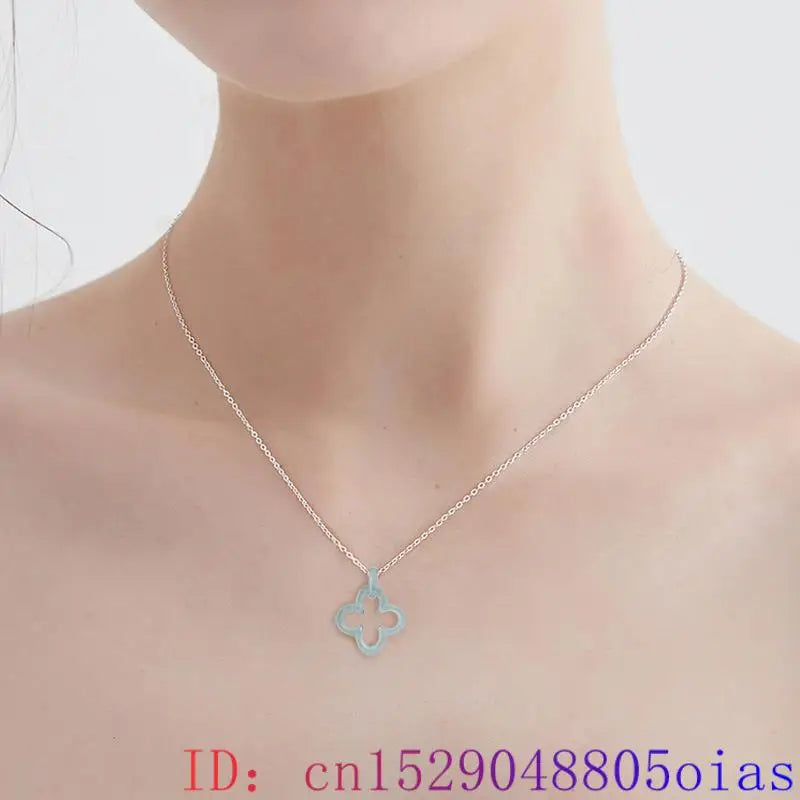 Blue Myanmar Jadeite Four Leaf Clover Pendant Necklace Luxury Charm Natural Burmese Jade Fashion Men Carved Real Jewelry
