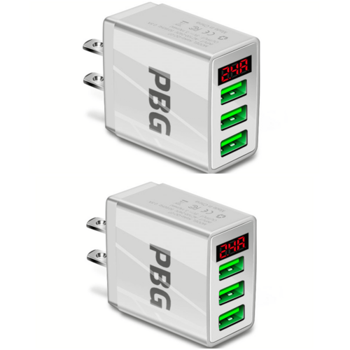 3-Port 2 pack USB Quick Wall Charger with LED Voltage Display - Safe &