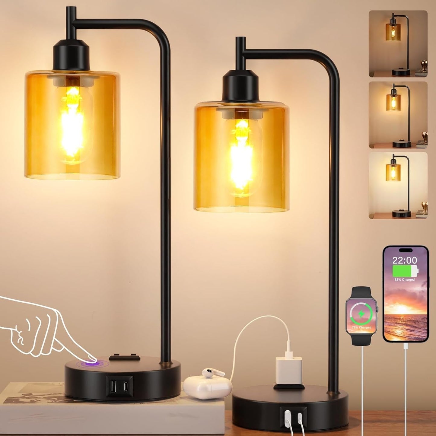 Set of 2 Nightstand Lamps 3 Way Dimmable Touch With USB Ports Amber