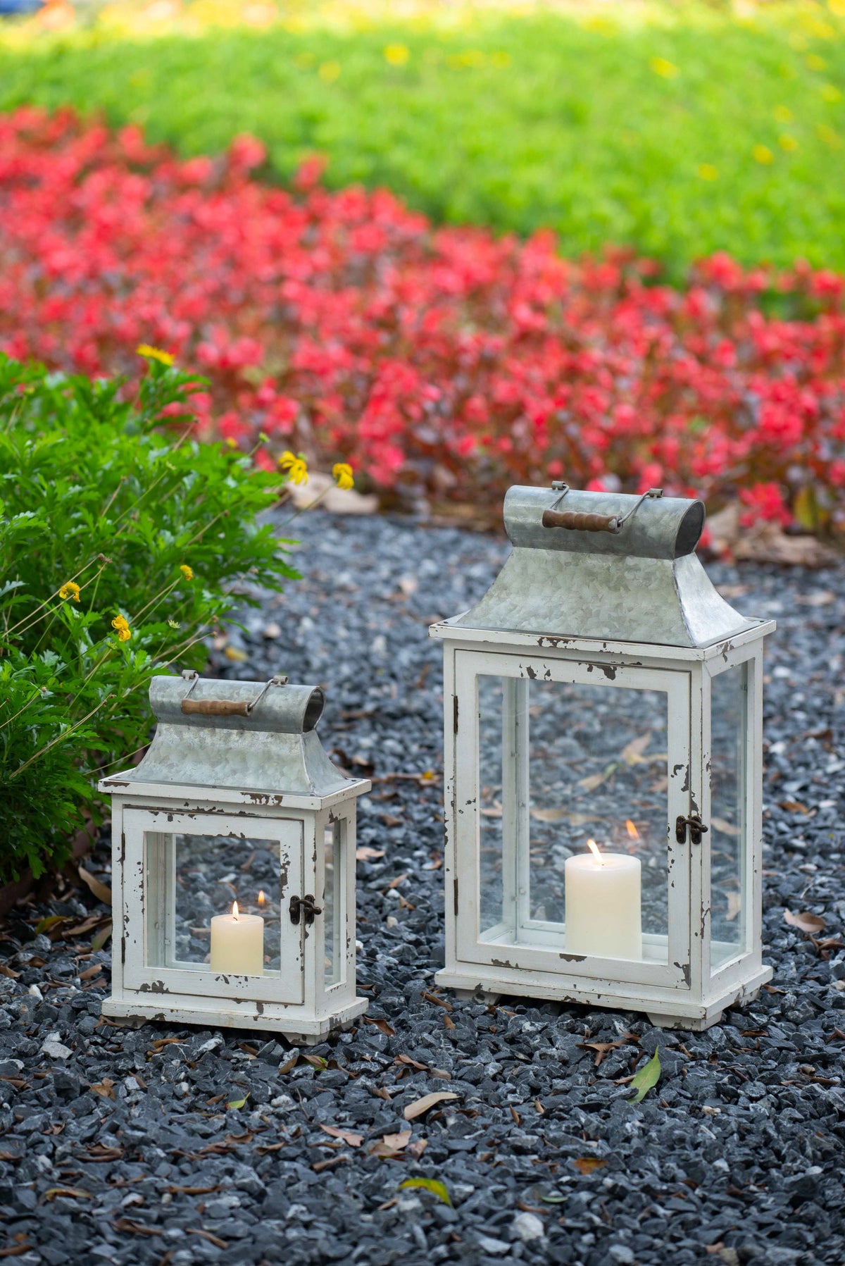 Set of 2 White Wood & Metal Hurricane Candle Lanterns